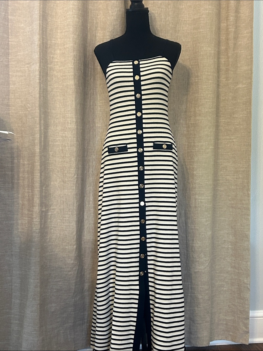 maje NWT Striped Navy and Cream Strapless Button-Front Maxi Dress